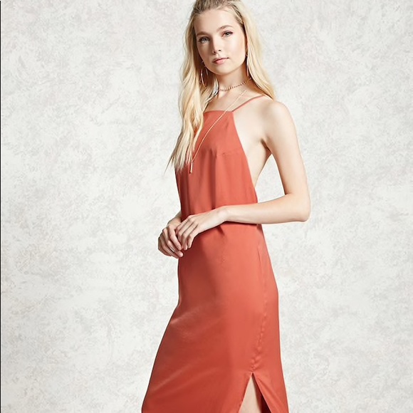 Silky burnt orange maxi dress with slit - Picture 1 of 5